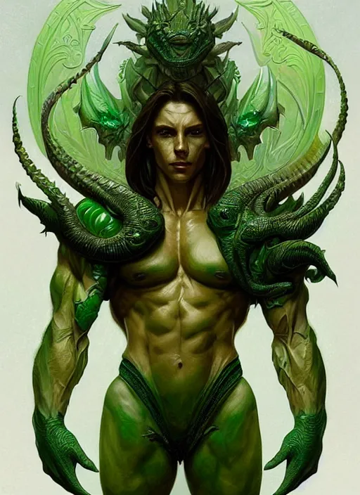 Prompt: portrait of aggressive draconic humanoid, d & d, muscular! green, fantasy, intricate, elegant, highly detailed, digital painting, artstation, concept art, smooth, sharp focus, illustration, art by artgerm and greg rutkowski and alphonse mucha