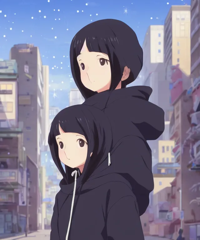 Prompt: anime visual, portrait of a young black haired girl wearing hoodie on the city street background, one person, cute face by yoh yoshinari, katsura masakazu, studio lighting, half body shot, strong silhouette, anime cels, ilya kuvshinov, cel shaded, crisp and sharp, rounded eyes, bright