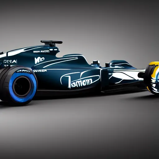 Image similar to hybrid design between McLaren MCL34 F1 car and Ford Mustang. No background, concept art style.