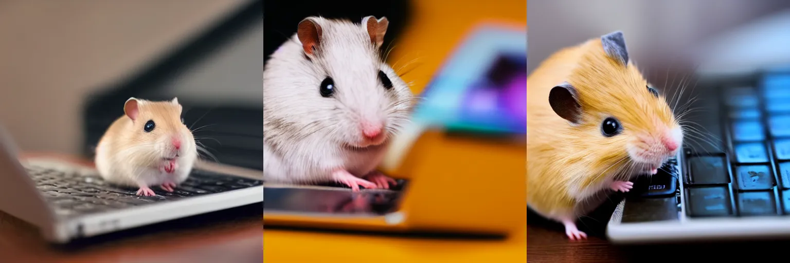 Prompt: hamster typing on a mini laptop, smiling, macro, dslr,