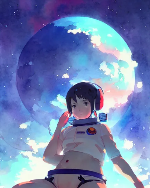 Image similar to oriental water color of a cute thicc astronaut damaged zombiewoman, floating through space, backlit, by makoto shinkai and krenz cushart