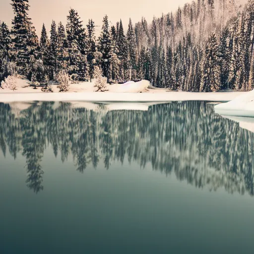 Prompt: full shot photograph of a suit of mirrors on a frozen lake, photorealistic photograph cinematic lighting intricate detailed 8 k resolution