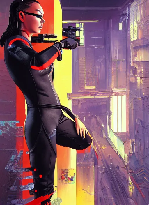 Image similar to beautiful cyberpunk female athlete wearing black jumpsuit and red jacket while firing a futuristic yellow belt fed automatic pistol. ad poster for pistol. cyberpunk poster by james gurney, azamat khairov, and alphonso mucha. artstationhq. gorgeous face. painting with vivid color, cell shading. ( rb 6 s, cyberpunk 2 0 7 7 )