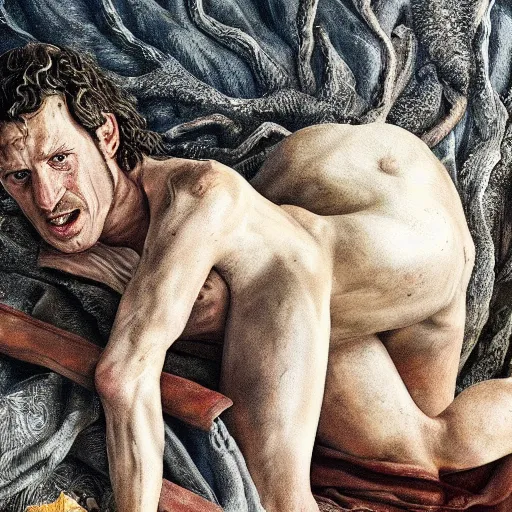 Prompt: high quality high detail painting by lucian freud, hd, ramsay snow in game of thrones