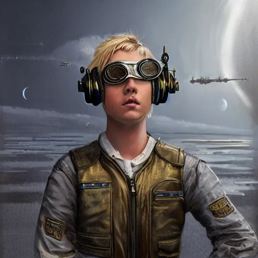 Prompt: rough and moody, highly detailed painting, lonely awkward brilliant female blond tomboy girl with short hair, wearing victorian brass goggles, looking at spaceships at dock, industrial space, science fiction, octane render, artstation, michael whelan, ron cobb, digital illustration