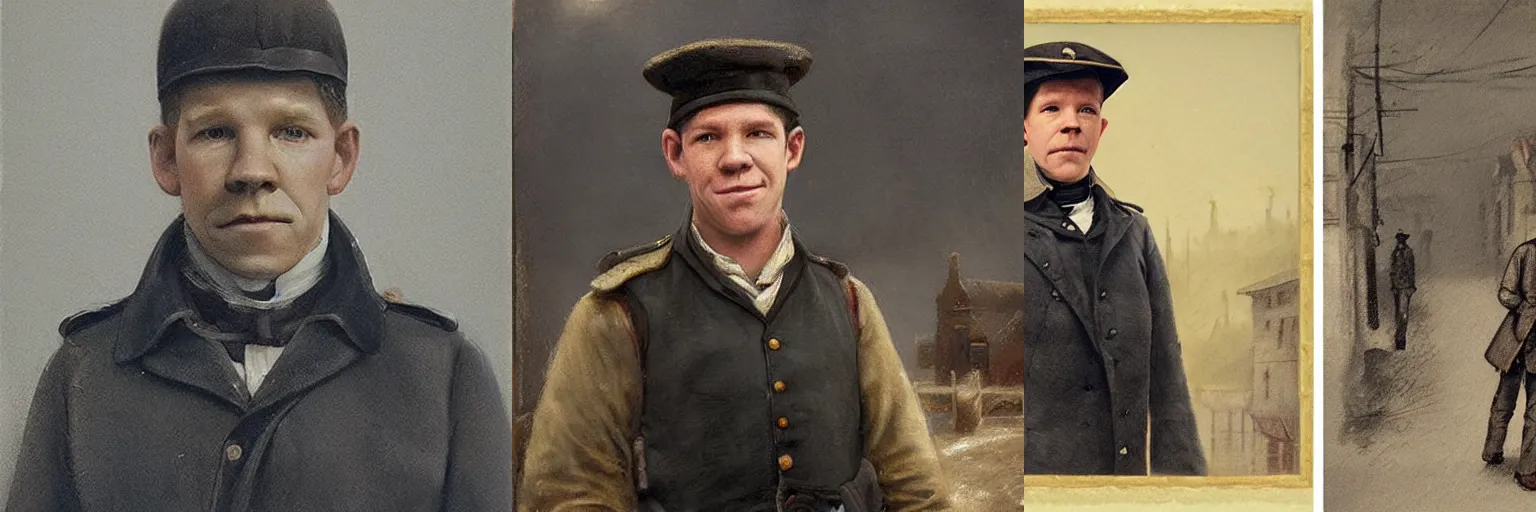 Prompt: thirty years old Lee Evans as a ((sad)) 19th century, eastern european postman (without bead and without mustache). (((The background is a 19th century east european village))). detailed, soft focus, interesting lights, realistic, shadows, higher contrasts, afternoon lights, hyperdetailed, oil canvas, character concept art by Munkácsy Mihály, Hollósy Simon, Csók István, John Everett Millais, Henry Meynell Rheam, and da Vinci