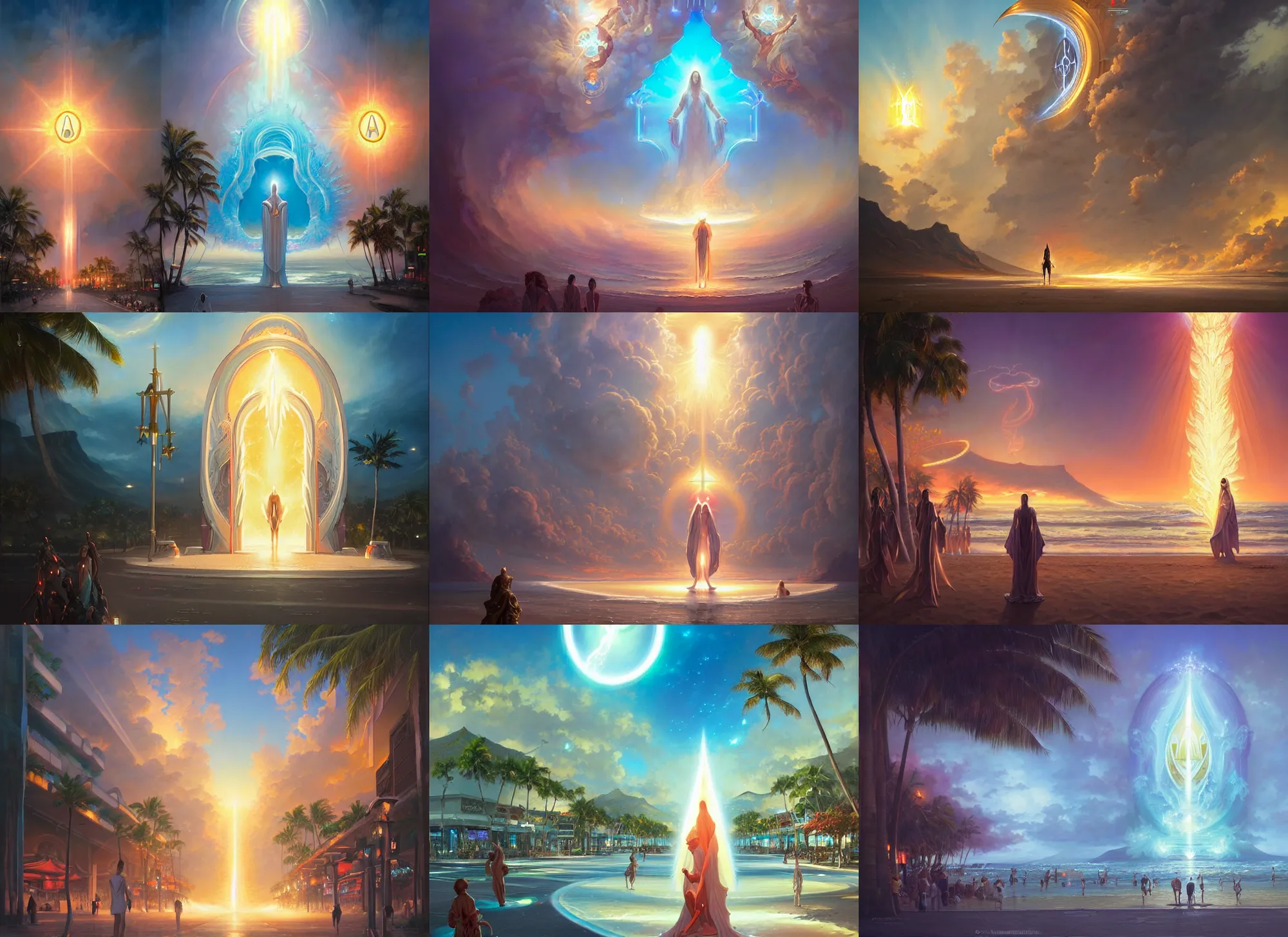 Prompt: a holy glowing divine portal opening in dreamy kalakaua avenue in waikiki, a gateway to greg rutkowski multiversal realm, majestic, by, peter mohrbacher, ilya kuvshinov, james jean, vincent di fate