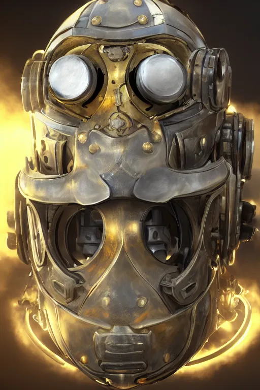 Image similar to steampunk mask minimalist fantasy art robot ninja helmet, global illumination ray tracing hdr fanart arstation by sung choi and eric pfeiffer and gabriel garza and casper konefal radiating a glowing aura