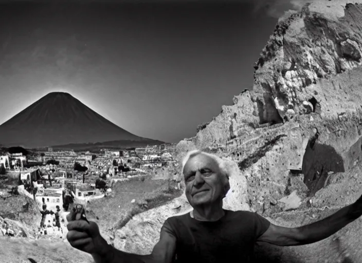 Prompt: old photo of average greeks drink wine and have fun against the backdrop of mount vesuvius starting to erupt by sebastian salgado, fisheye 4, 5 mm, diffused backlight