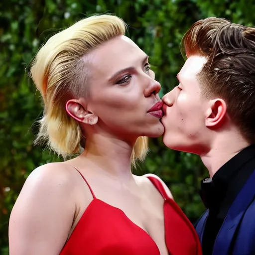 Image similar to scarlett johansson kisses tom holland on the cheek