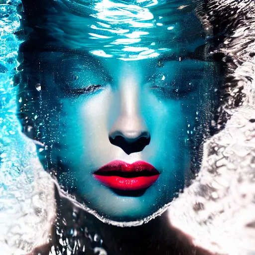 Prompt: water artwork manipulation in the shape of a beautiful female head, on the ocean water, ray tracing, realistic water sharp focus, long shot, 8 k resolution, cinematic, amazing water art, hyper realistic
