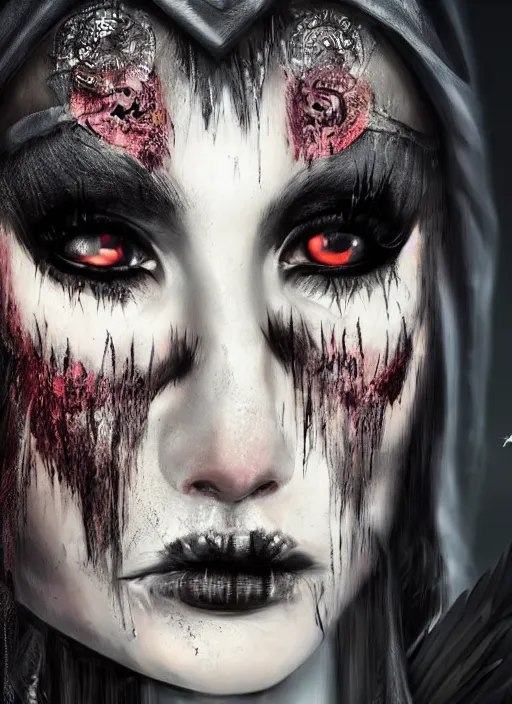 Image similar to digital art of a young woman in dark shamanistic ritual clothing accented by black feathers, dark ravenlike makeup on her face, post apocalyptic, dystopian, high resolution, highly detailed, fallout, raider, 4 k, artstation, dark lighting