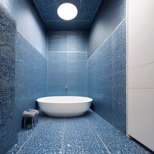 Image similar to a futuristic bathroom with walls and floor made of blue granite tiles. There is a small swimming pool on the floor.