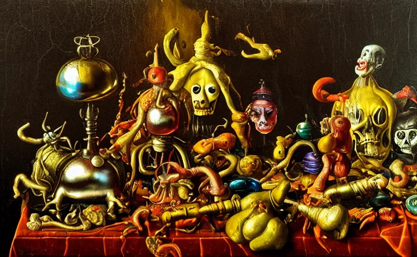 Image similar to disturbing colorful oil painting dutch golden age vanitas still life with bizarre humanoid faces strange objects shiney gooey surfaces shiny metal bizarre insects rachel ruysch dali todd schorr very detailed perfect composition rule of thirds masterpiece canon 5 0 mm, cinematic lighting, photography, retro, film, kodachrome