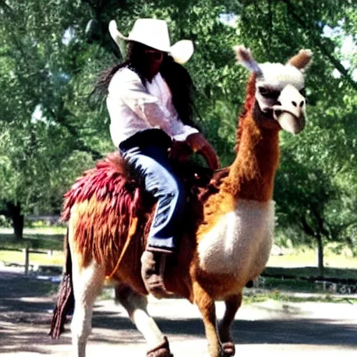 Image similar to michael jackson riding a emu with a cowboy hat on