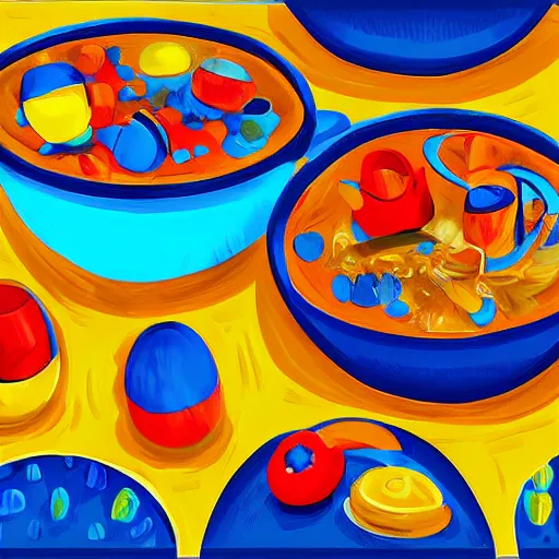 Image similar to boiling imagination in a bowl, super cute, ultra detailed, digital painting, dark blue, yellow, orange, red