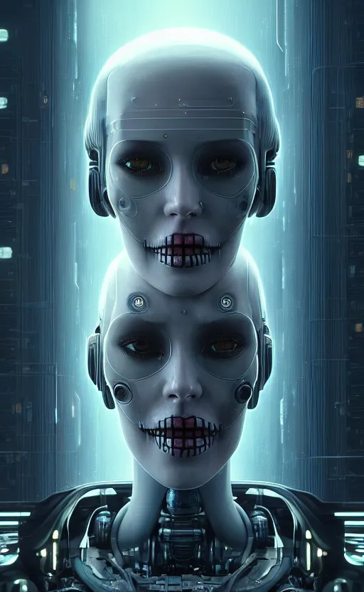 Image similar to beautiful crying! female mechanical android!, half portrait, intricate detailed environment, photorealistic!, octane render, concept art, cinematic, interstellar, ultra detailed, sharp, el dia los muertos!, cyberpunk, bladerunner, 8 k, by angus mckie, moebius, maciej kuciara, stanley lau, artgerm, greg rutkowski