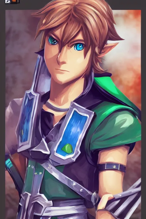 Image similar to an in game portrait of link from persona, persona art style.