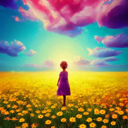 Prompt: face made of many daisies, girl standing barefoot in a flower field, holding flowers, surreal photography, sunrise dramatic light, impressionist painting, colorful clouds, large sky, digital painting, artstation, simon stalenhag, flower face