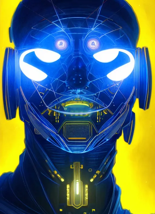 Image similar to symmetry portrait of a man with a grin, sci - fi, tech wear, blue and yellow glowing lights, intricate, elegant, highly detailed, digital painting, artstation, concept art, smooth, sharp focus, illustration, art by artgerm and greg rutkowski and alphonse mucha