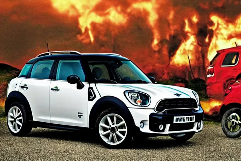 Prompt: “Poster of Mini Cooper Countryman Hybrid in the middle of viking battle. Retro style.”