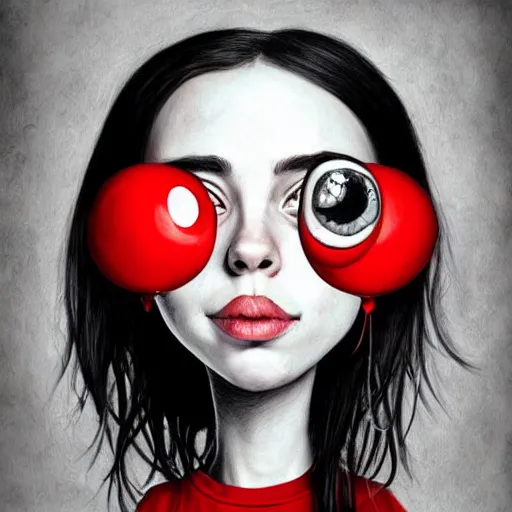 Prompt: surrealism grunge cartoon portrait sketch of billie eilish with a wide smile and a red balloon by - michael karcz, loony toons style, monsters inc style, horror theme, detailed, elegant, intricate