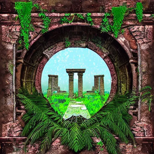 Prompt: ancient ruins with a portal and plants,digital art,retrowave art