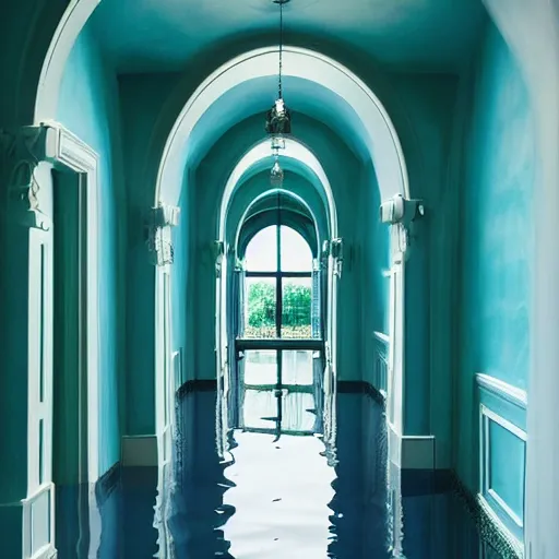 Prompt: a room flooded with blue green water, curved hallway, white ceramic tiles, dark, surreal, liminal,