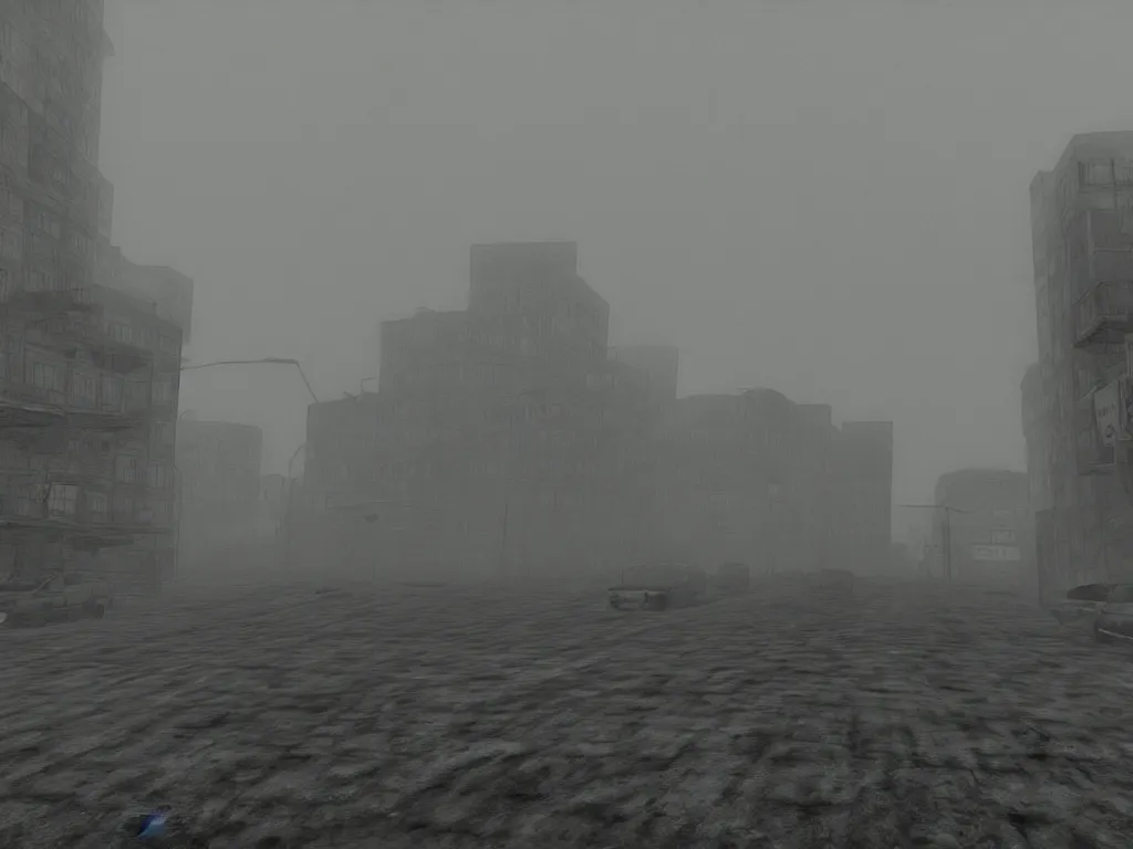 Prompt: city of Norilsk in the style of silent hill, scary, creepy, terrifying, foggy city, ps2 style