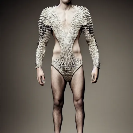 Prompt: a beautiful young persian male wearing iris van herpen couture, photographed by erwin olaf