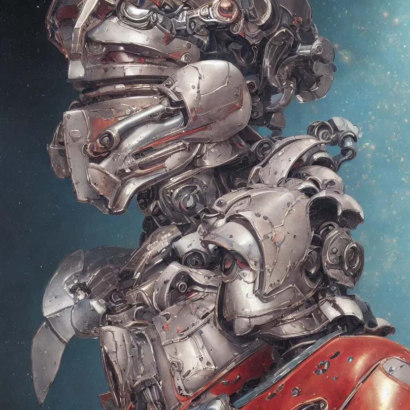 Prompt: a baroque neoclassicist close - up renaissance portrait of an 1 8 0 0 s gundam mecha queen. reflective detailed textures. glowing colorful fog, dark background. highly detailed fantasy science fiction painting by moebius, norman rockwell, frank frazetta, and syd mead. rich colors, high contrast. artstation