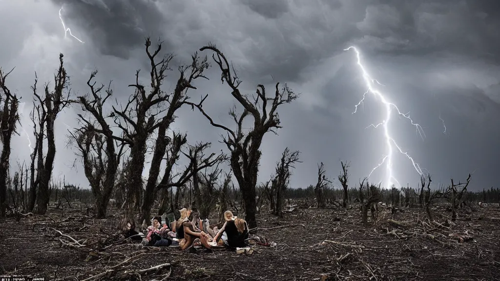 Prompt: a vision of climate change catastrophe, dark clouds, lightning, tornado, hails, hurricane winds, floods, as seen by a couple having picnic in a park with a forest of dead trees, moody, dark and eerie large-format photography