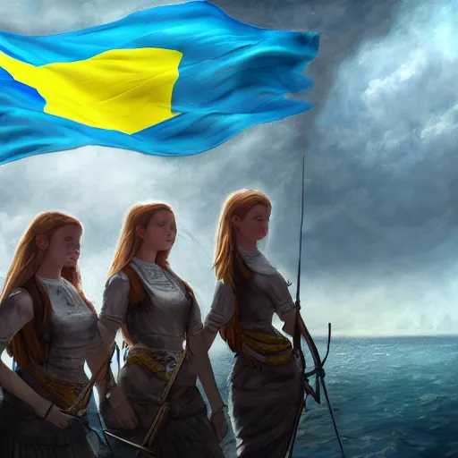 Image similar to ukrainian girls with ukrainian flag near big ruined warship, happy, concept art, trending on artstation, highly detailed, intricate, sharp focus, digital art, 8 k