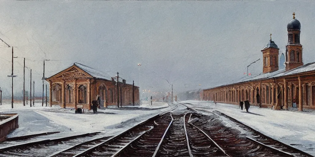 Image similar to Train Depot in Saint Petersburg in 1914 in winter, morning, trending on Artstation