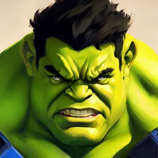 Image similar to Greg Manchess portrait painting of Hulk as Overwatch character, medium shot, asymmetrical, profile picture, Organic Painting, sunny day, Matte Painting, bold shapes, hard edges, street art, trending on artstation, by Huang Guangjian and Gil Elvgren and Sachin Teng