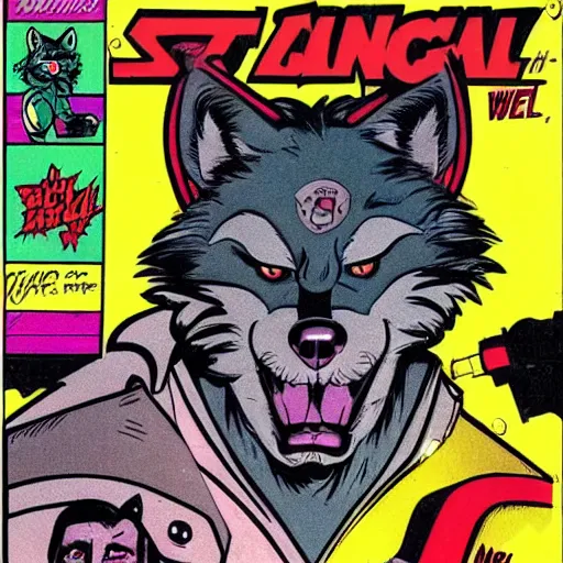 Prompt: 1 9 8 0 s comic book cover scan featuring a portrait of villain male wolf o'donnell anthropomorphic wolf furry fursona from starfox wearing a dark space mercenary uniform, dark grey wolf, handsome eyes, wolf o'donnell