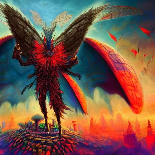 Prompt: 8K headshot Portrait of centered chest up of a psychedelic godlike mothman with giant mandala wings smoking heavily , magic mushroom village in background , post-processing , award winning. superb resolution. in the art style of Tony Takezaki and Greg Rutkowski . Detailed Mushroom city in background. Hyper realistic anime. Perfect art. Dalle2