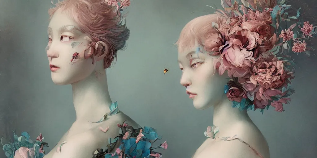 Image similar to breathtaking detailed concept art painting blend of two pink short hair goddess of light blue flowers by hsiao - ron cheng with anxious piercing eyes, vintage illustration pattern with bizarre compositions blend of flowers and fruits and birds by beto val and john james audubon, exquisite detail, extremely moody lighting, 8 k