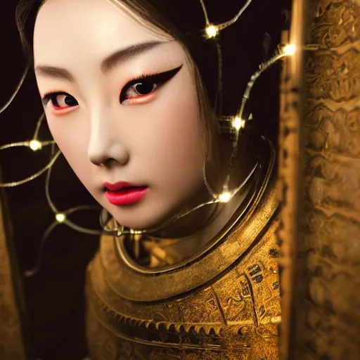 Prompt: closeup photo of beautiful realistic Chinese ancient princess standing in the corridor in the space ship, attractive symmetrical face, big eyes and lips, subtle makeup, clean face and body skin,ecstatic face expression, ornamental jewelry and ancient translucent clothes, futuristic space ship interrior, wires with lights,depth of field, lens flare, moody lighting, moody photography, old photo, black and white, sepia, cinematic lighting, cinematic angle, editorial photography