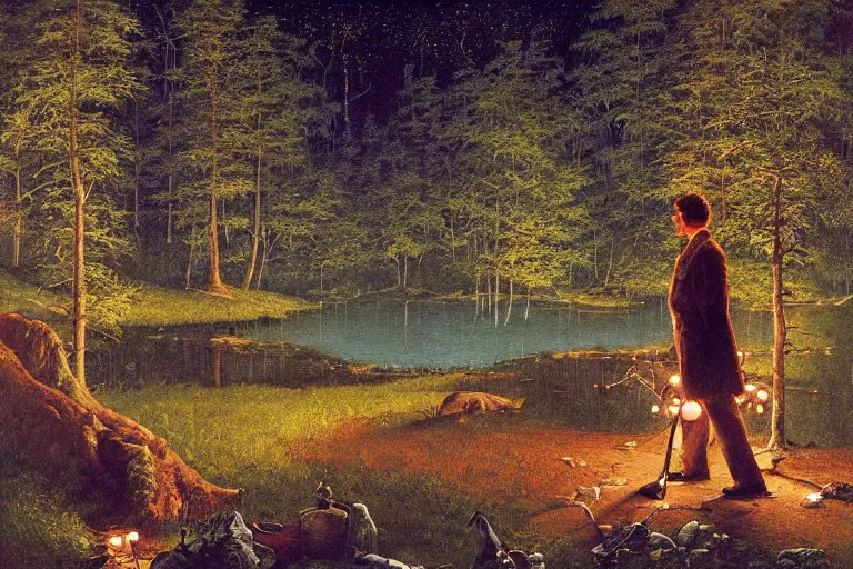 Image similar to a scenic view of a ethereal man in the middle of a magical forest with glow-worm lights near a lake, detailed, cinematic, dramatic scene, retro illustration by Norman Rockwell.