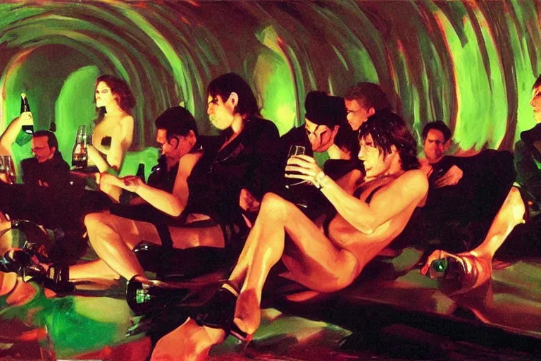 Image similar to cinematic scene, glam rockers drinking brutal and raw wine, inside a green cave with red lights by roger deakins, joaquin sorolla, phil hale, extremely detailed