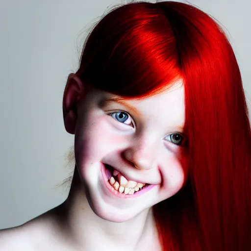 Prompt: artistic photo of a young beautiful girl with red hair looking at the camera, smiling slightly, studio lighting, award winning photo by Annie Liebowitz