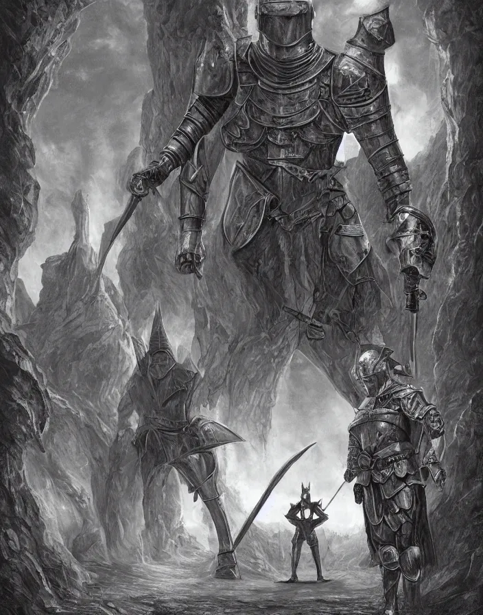 Image similar to DSLR photograph of a knight in a medieval suit of armor next to an elf wizard walking through a surrealist dimensional gateway that leads into a terrifying surrealist Bryce 3d landscape imaged by Larry Elmore Kerlaft, photo realistic