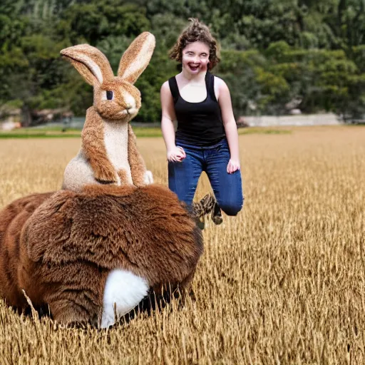 Image similar to Young girl riding on top of a horse-sized rabbit through a field