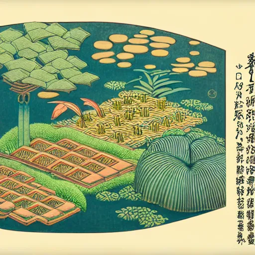 Prompt: 3 d isometric botanical illustration of a small city in an island surrounded by water, diego rivera in ukiyo - e style variation 1, hd