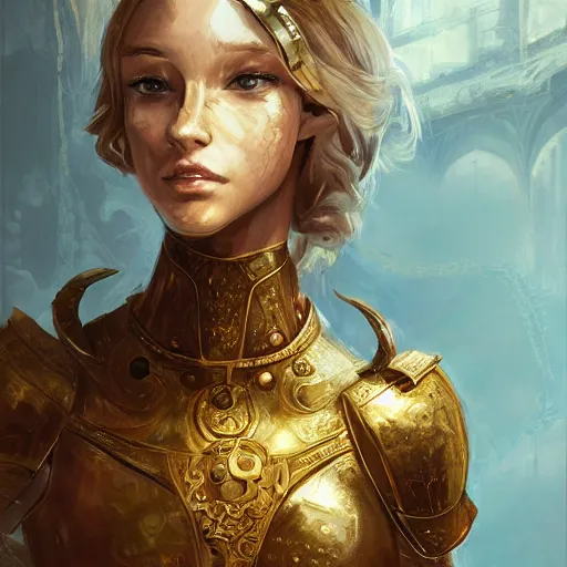 Image similar to portrait knights of Zodiac girl, golden and copper armor, in ruined ancinet Agora of Athens, ssci-fi, fantasy, intricate, very very beautiful, elegant, highly detailed, digital painting, artstation, concept art, smooth, sharp focus, illustration, art by WLOP and tian zi and artgerm