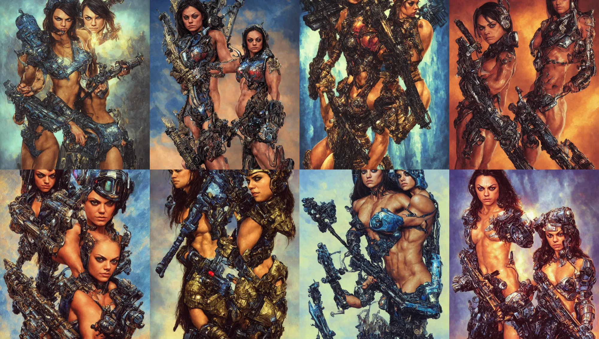 Prompt: bodybuilder mila kunis closeup portrait of a beautiful biblical diabolical girl holding a large cyber rifle, visor, neon armor, golden hour, gerald brom, mikhail vrubel, peter elson, bright warm colors, extreme detail, light rain, trending on artstation, 8 k