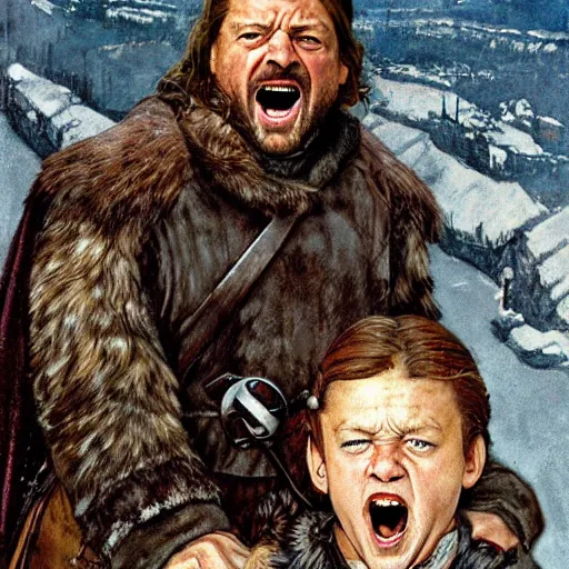 Image similar to ned stark screaming in winterfell by norman rockwell