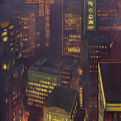 Image similar to muted color ultra realistic painting of 1 9 2 5 boston downtown at night in doctor strange's mirror dimension, aerial view, dark, brooding, night, atmospheric, horror, cosmic, ultra - realistic, smooth, highly detailed in the style of clyde caldwell