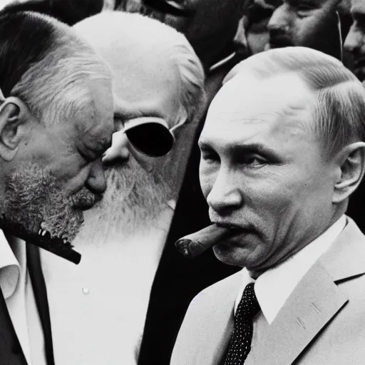 Prompt: lula da silva smoking a cigar with putin, soviet paraphernalia, 4k